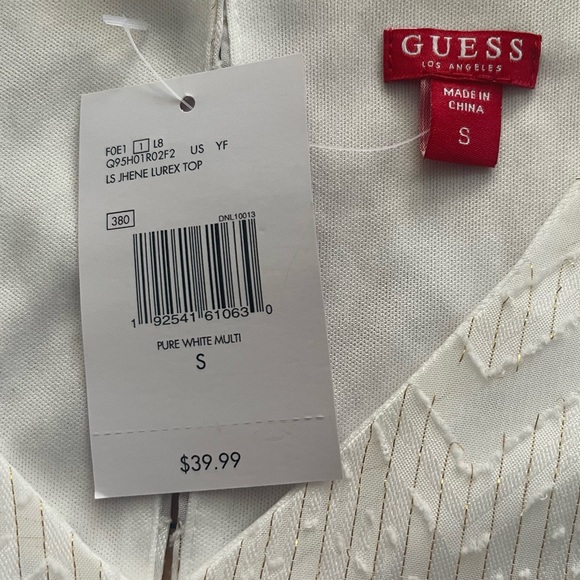 Guess Bell Sleeve Crop Top Pure White w/ Gold Threading Cropped - Picture 2 of 10